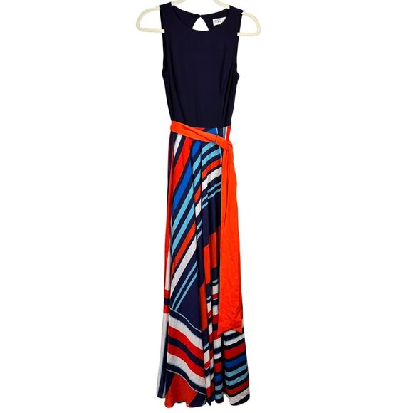 Eliza J Maxi Dress Women 6 Jersey Navy Red Scarf Geometric Sash Flowy A-Line - Picture 4 of 14